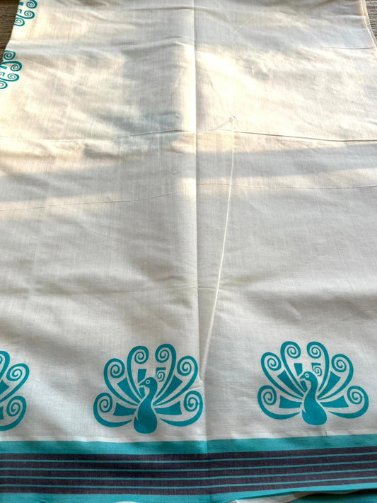 Kerala Cotton Turquoise Colour Printed Saree SL177