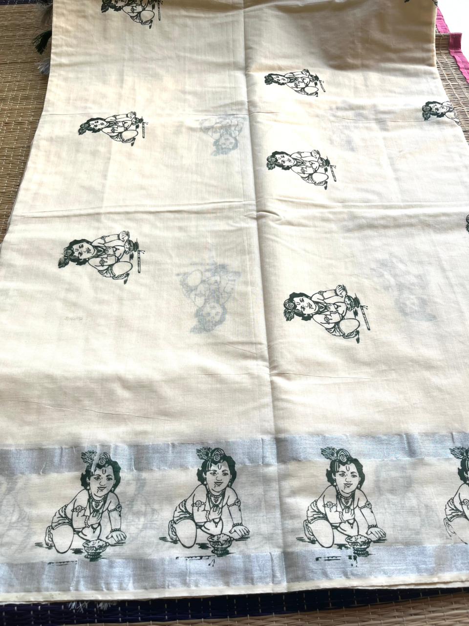 Kerala Cotton Green Colour Printed  Saree SL178