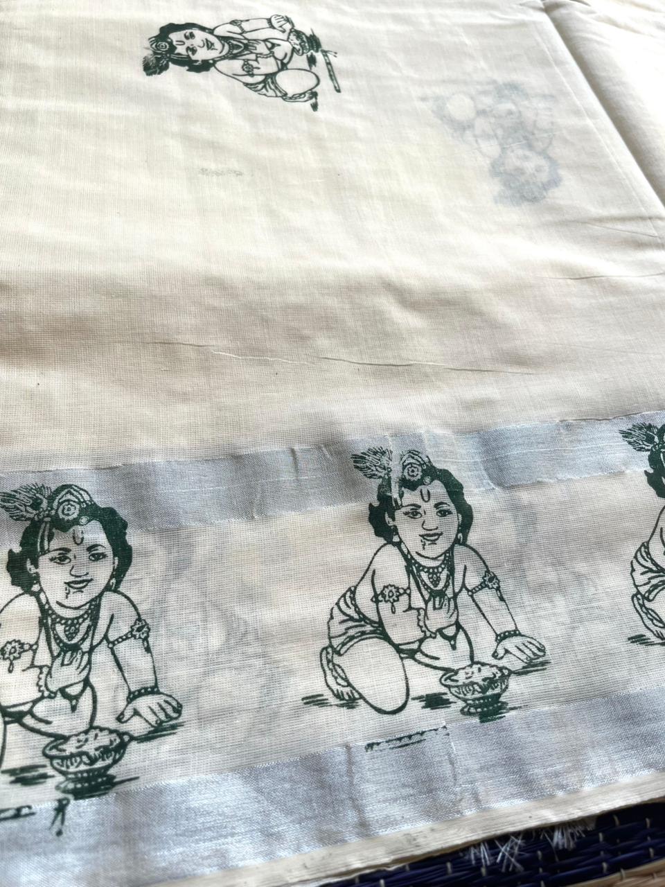 Kerala Cotton Green Colour Printed  Saree SL178