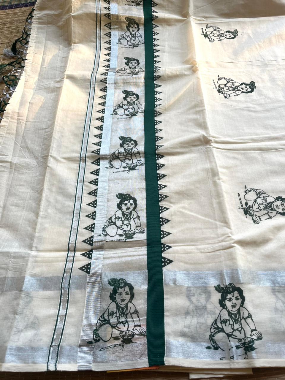 Kerala Cotton Green Colour Printed  Saree SL178