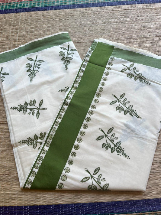 Kerala Cotton Olive Green Colour Printed Saree SL177