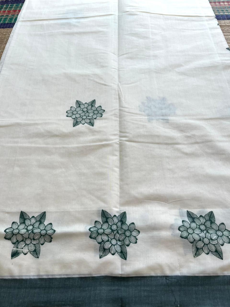 Kerala Cotton Bottle Green Colour Printed Saree SL177