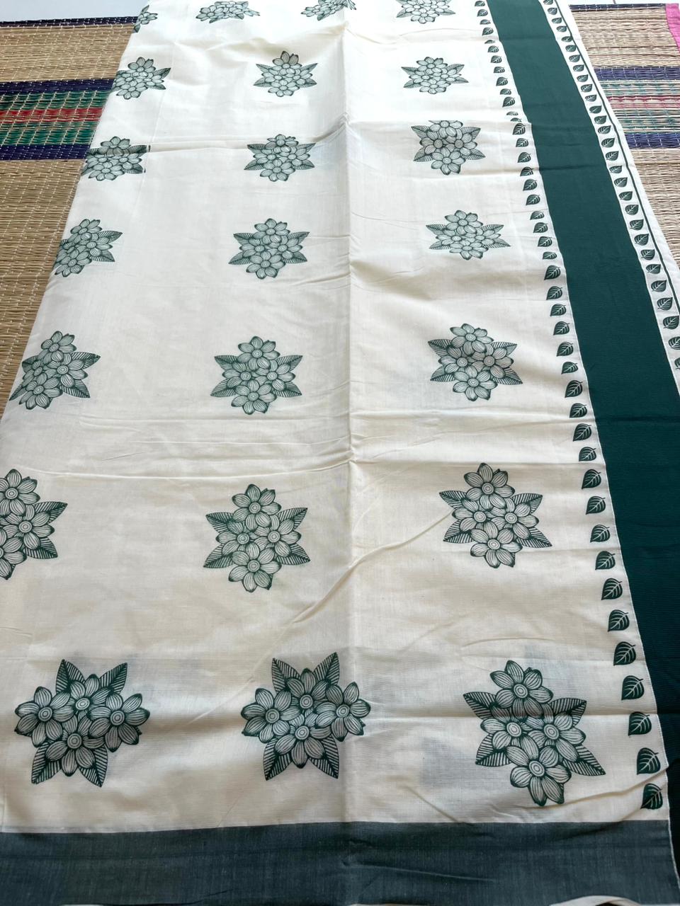 Kerala Cotton Bottle Green Colour Printed Saree SL177