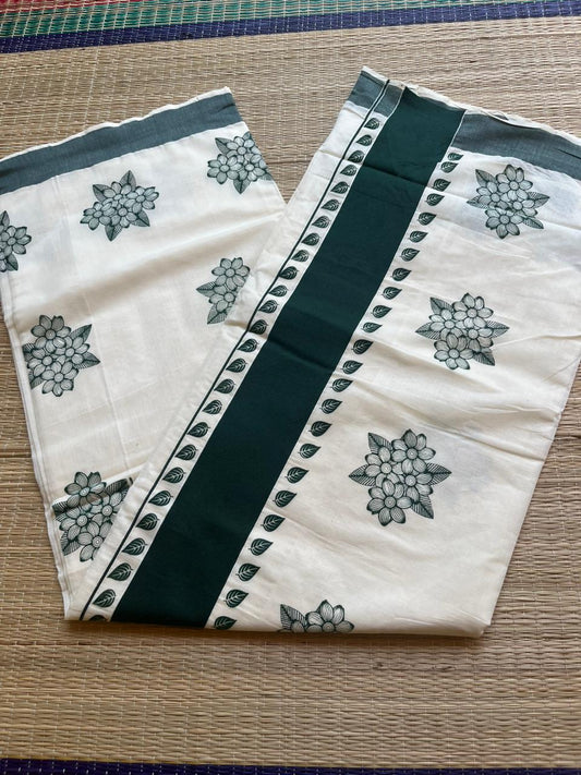 Kerala Cotton Bottle Green Colour Printed Saree SL177