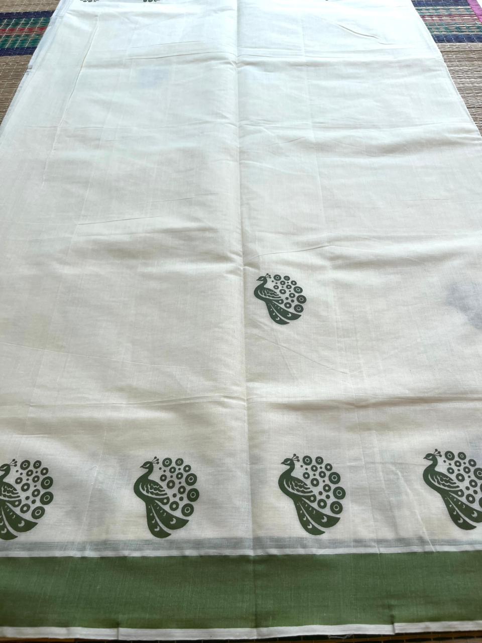 Kerala Cotton Olive Green  Colour Printed Saree SL177