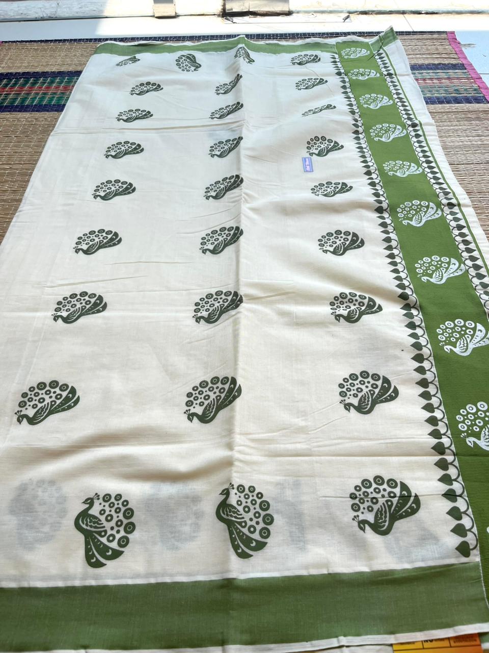 Kerala Cotton Olive Green  Colour Printed Saree SL177