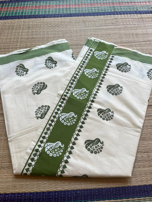 Kerala Cotton Olive Green  Colour Printed Saree SL177