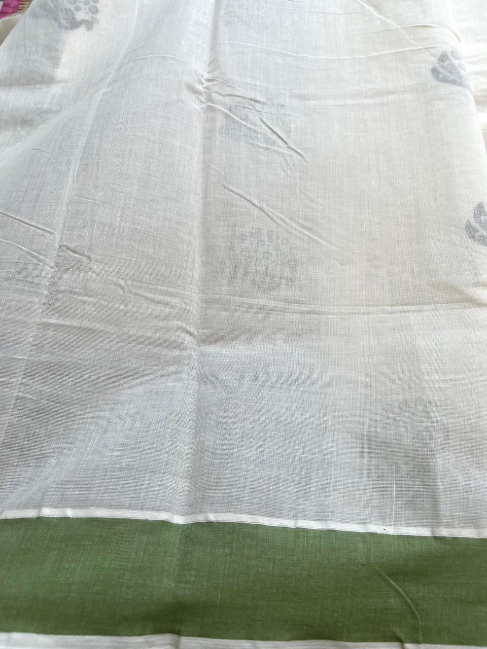 Kerala Cotton Olive Green  Colour Printed Saree SL177