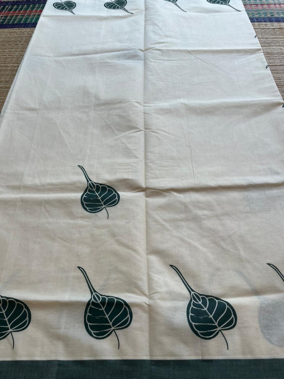 Kerala Cotton Bottle Green  Colour Printed Saree SL177