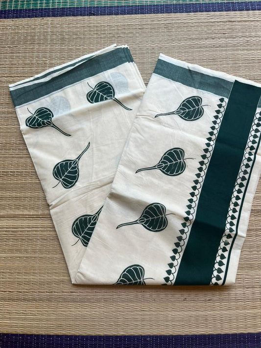 Kerala Cotton Bottle Green  Colour Printed Saree SL177