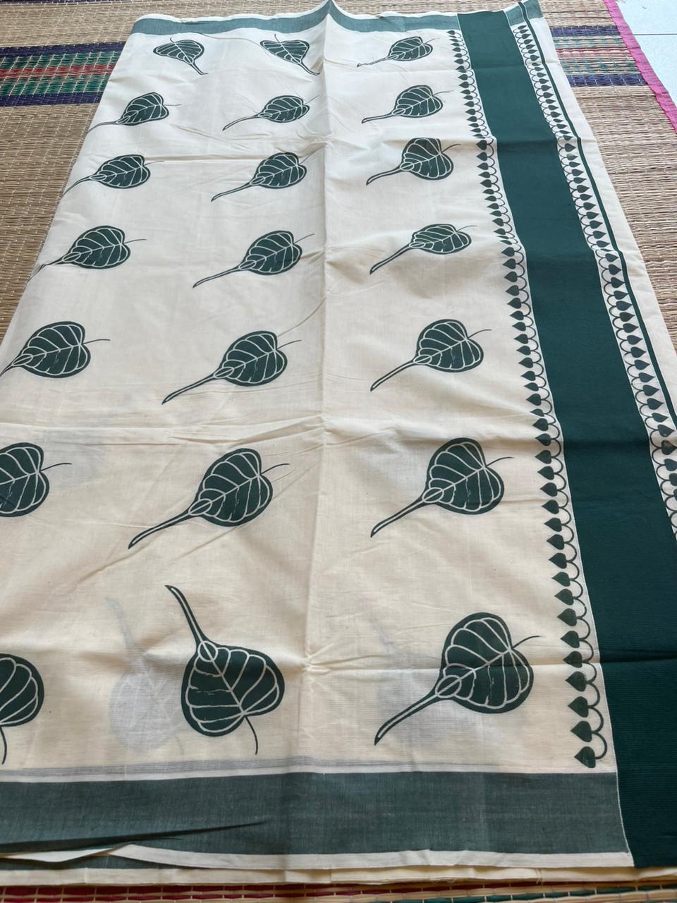 Kerala Cotton Bottle Green  Colour Printed Saree SL177