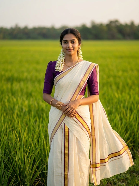 Kerala Cotton Set Mundu (Mundum Neriyathum) with Kasavu and Purple Border 2.80 Mtrs SL244