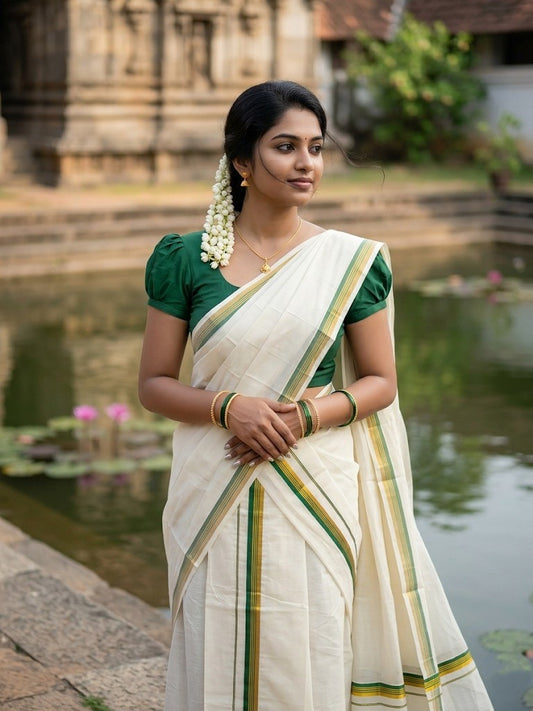 Pure Cotton Kerala Single Set Mundu (Mundum Neriyathum) with Green Kasavu Border in 2.80 Mtrs
