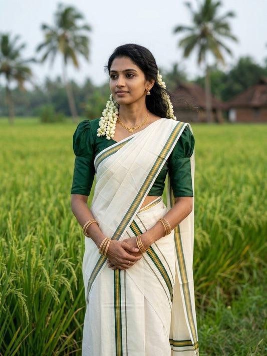 Pure Cotton Kerala Single Set Mundu (Mundum Neriyathum) with Dark Green Kasavu Border in 2.80 Mtrs