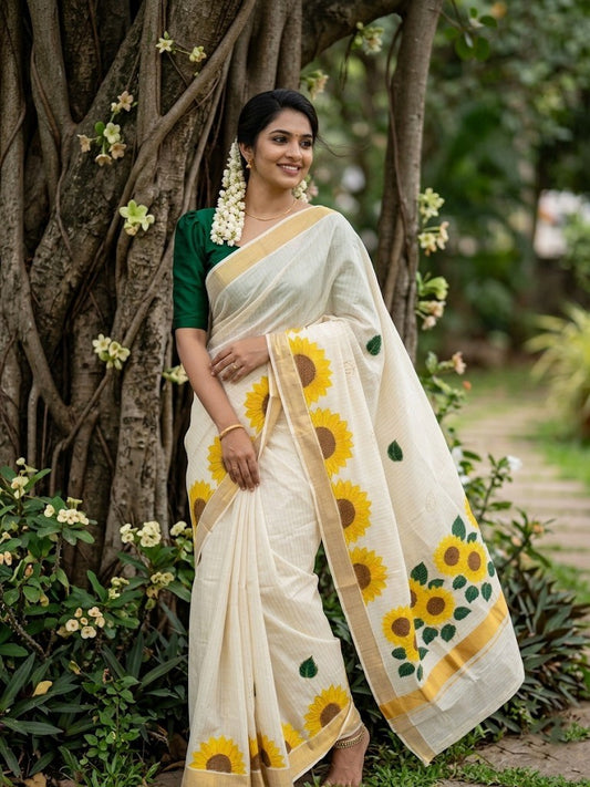Southloom Kerala Cotton Kasavu Lines Saree with Embroidery Work in Yellow Floral Print
