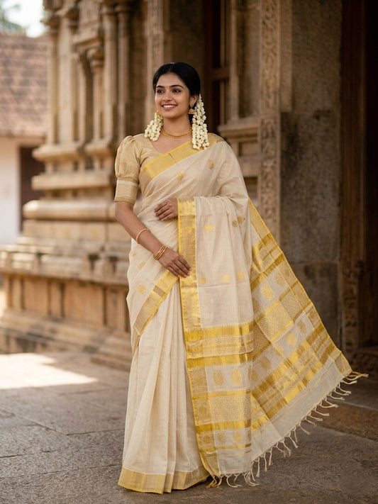 Southloom  Kerala Tissue Kasavu Heavy Work Saree with Floral Woven Design