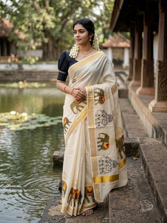 Southloom Kerala Tissue Kasavu Lines Saree with Elephant Handpainted and Embroidery Work