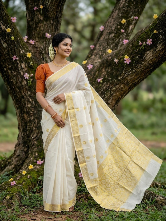 Southloom Pure Cotton Kerala Kasavu Heavy Work Saree with Paisley Floral Woven Design