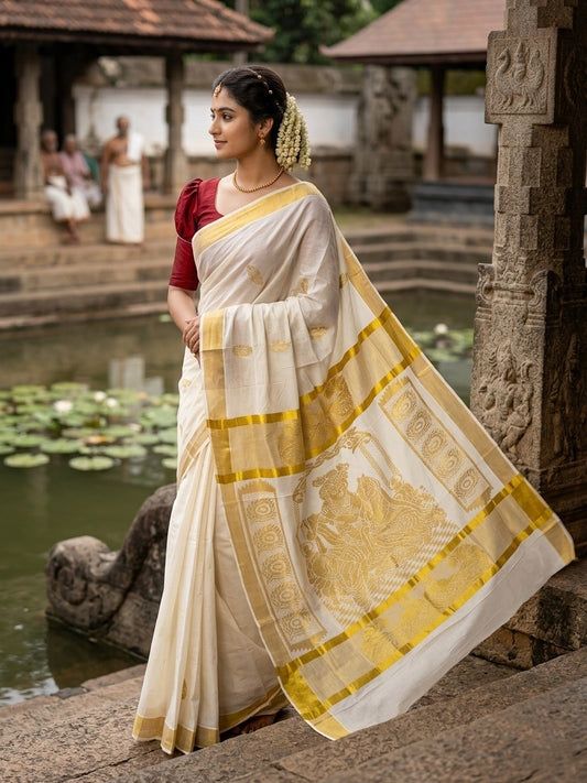 Southloom Pure Cotton Kerala Kasavu Heavy Work Saree with Krishna & Radha Paisley Woven Design