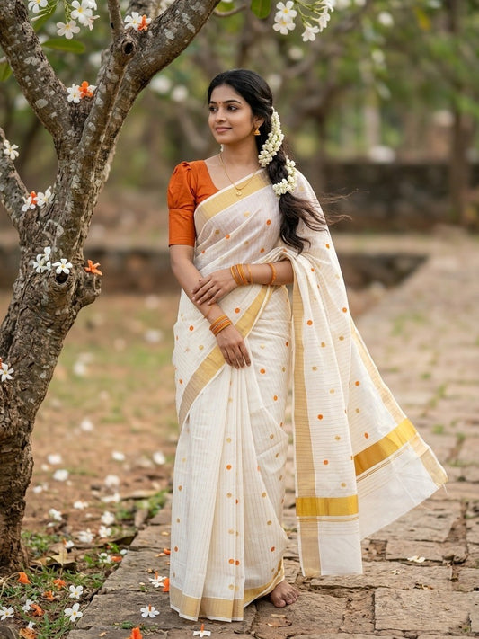 Southloom Kerala Cotton Kasavu Saree with Gold & Orange Polka Embroidery Works on Body