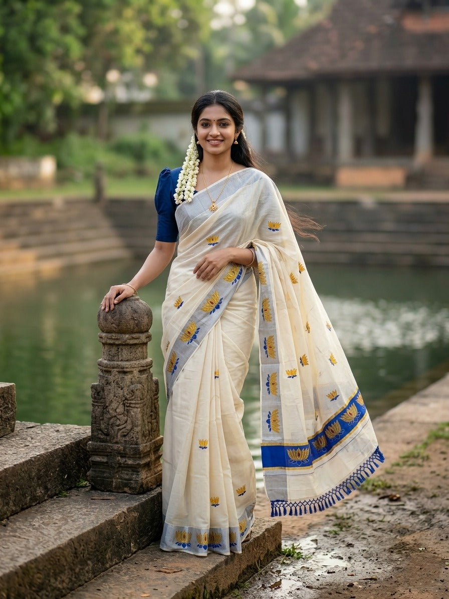 Southloom Kerala Tissue Kasavu Saree with Blue And Golden Lotus Embroidary Works on Body SL273