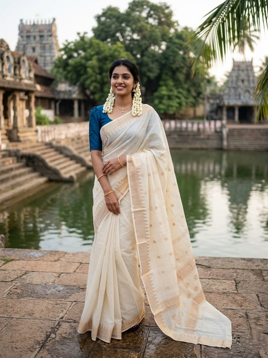 Southloom Pure Cotton Kerala Kasavu Heavy Work Saree with Paisley Floral Woven Design