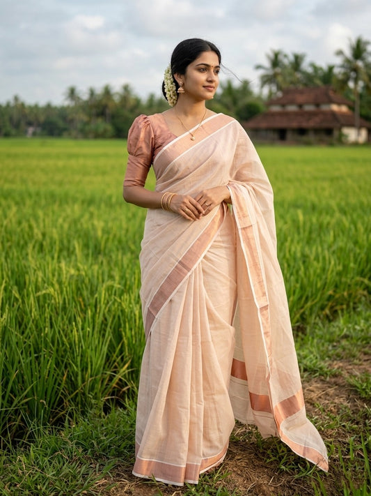 Southloom Kerala Cotton Saree with Rose Copper Kasavu and Border