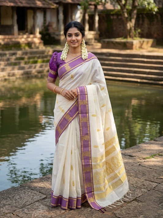 Southloom Pure Cotton Kerala Kasavu Heavy Work Saree with Paisley Floral Woven Design Violet Border
