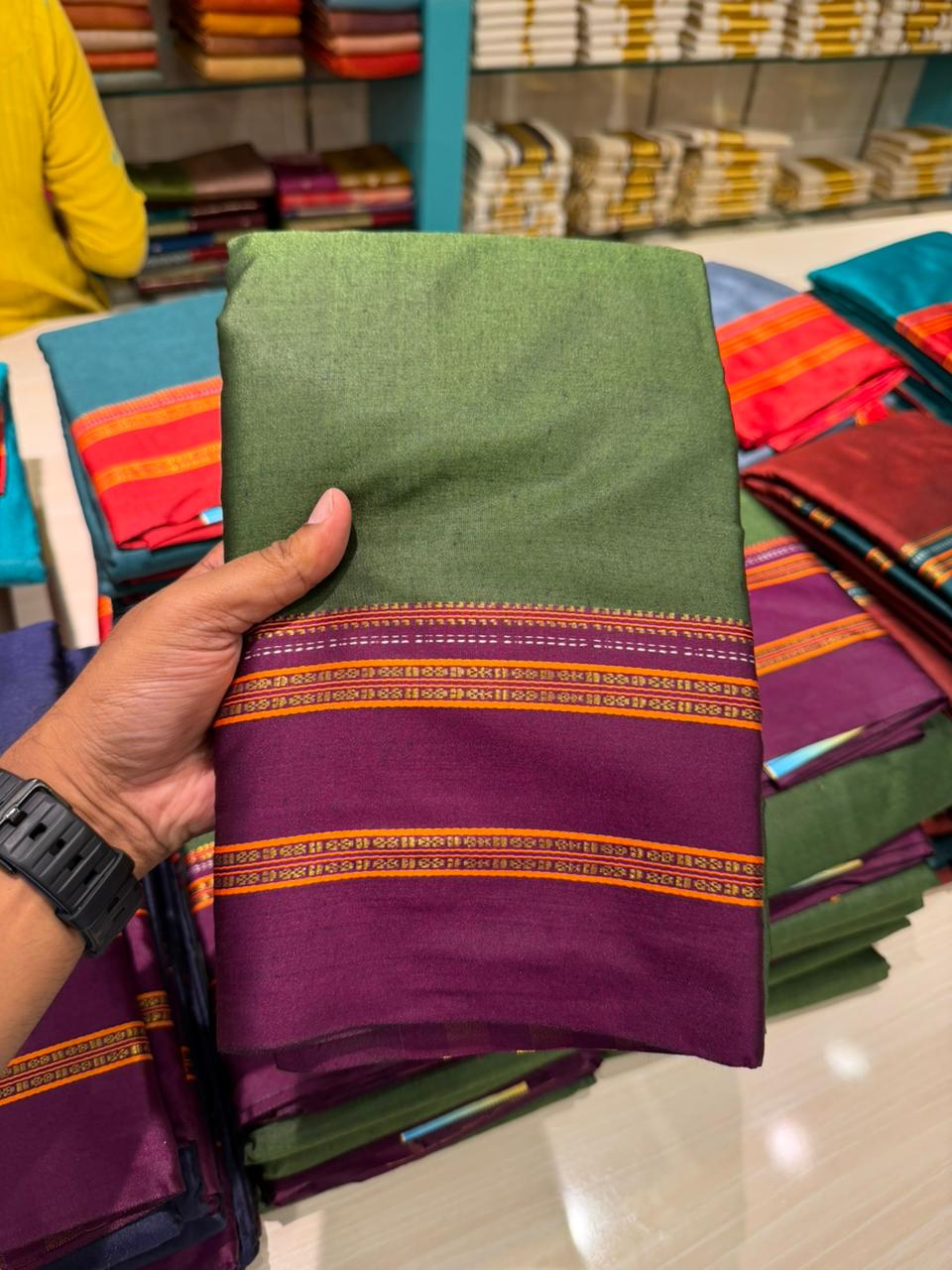 Southloom Gadwal Border Cotton Base Narayanpet Saree with in OliveGreen and Purple SL265