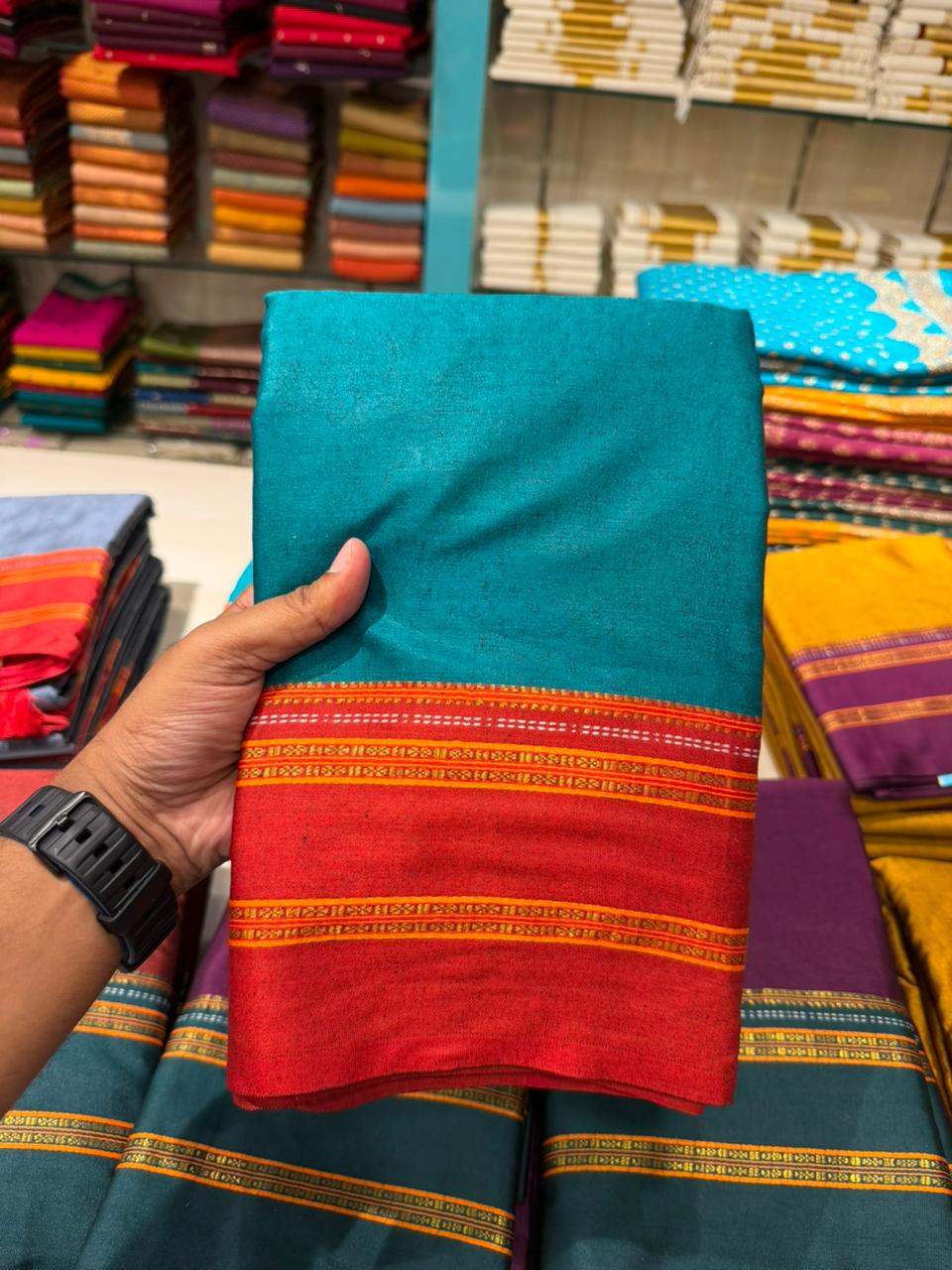 Southloom Gadwal Border Cotton Base Narayanpet Saree with in Teal Green and Red SL265