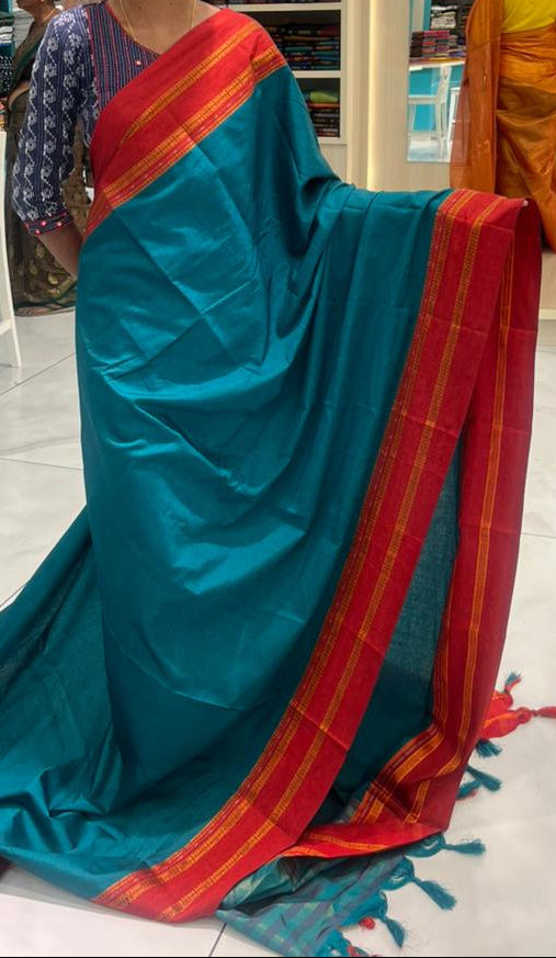 Southloom Gadwal Border Cotton Base Narayanpet Saree with in Teal Green and Red SL265