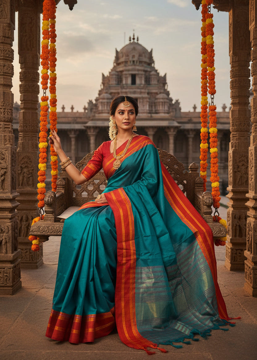 Southloom Gadwal Border Cotton Base Narayanpet Saree with in Teal Green and Red SL265