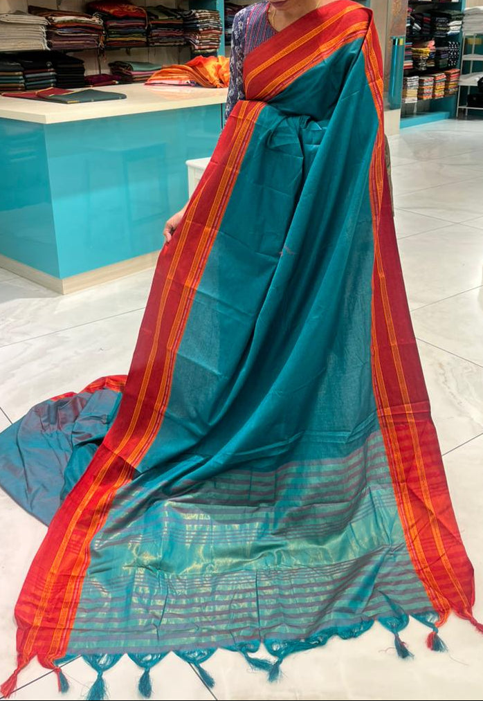 Southloom Gadwal Border Cotton Base Narayanpet Saree with in Teal Green and Red SL265