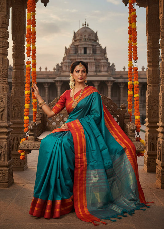 Southloom Gadwal Border Cotton Base Narayanpet Saree with in Teal Green and Red SL265