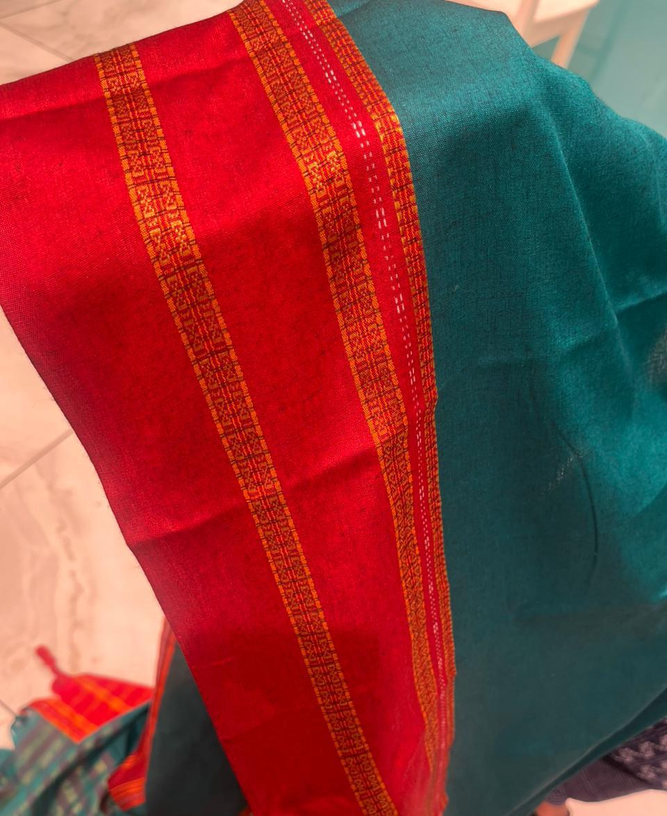 Southloom Gadwal Border Cotton Base Narayanpet Saree with in Teal Green and Red SL265