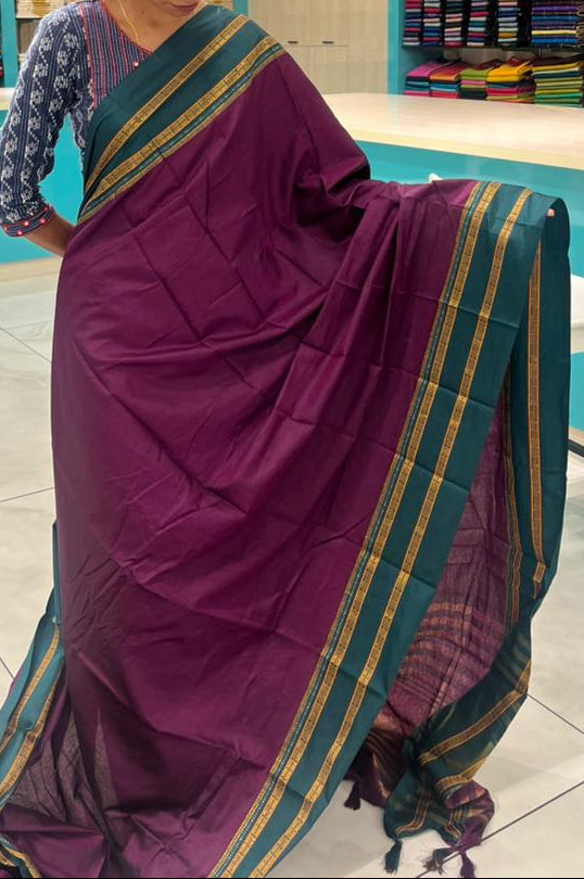 Southloom Gadwal Border Cotton Base Narayanpet Saree with in Purple and Green SL265