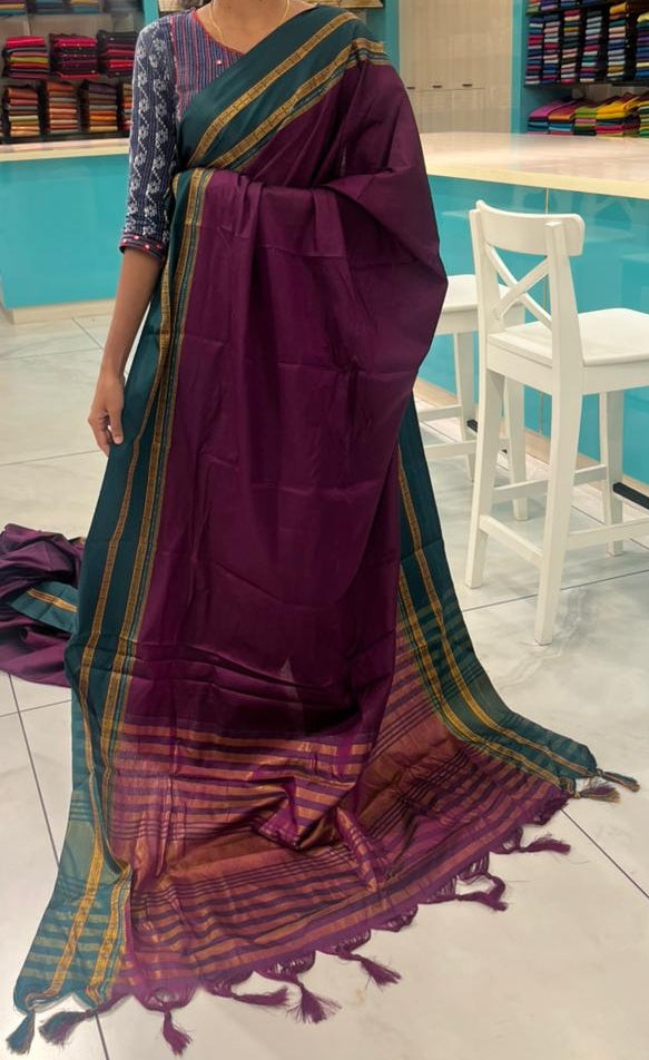 Southloom Gadwal Border Cotton Base Narayanpet Saree with in Purple and Green SL265