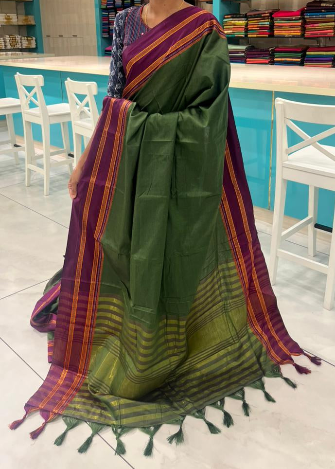 Southloom Gadwal Border Cotton Base Narayanpet Saree with in OliveGreen and Purple SL265