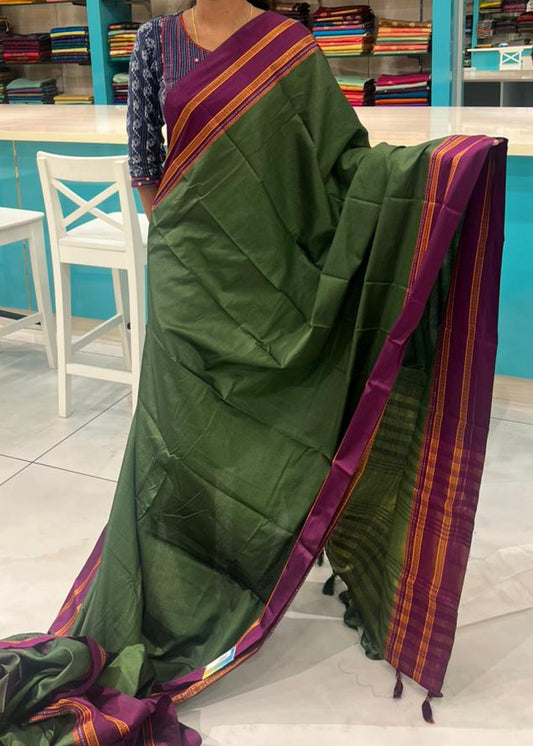 Southloom Gadwal Border Cotton Base Narayanpet Saree with in OliveGreen and Purple SL265