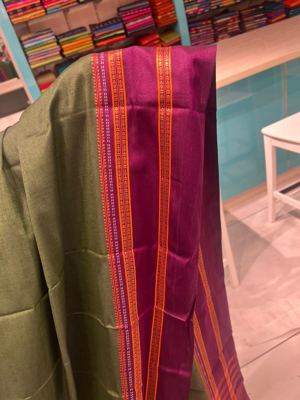 Southloom Gadwal Border Cotton Base Narayanpet Saree with in OliveGreen and Purple SL265