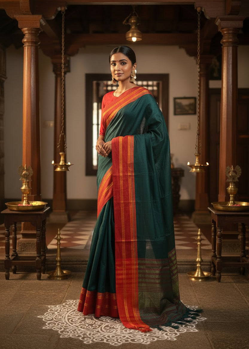 Southloom Gadwal Border Cotton Base Narayanpet Saree with in Green and Red SL265