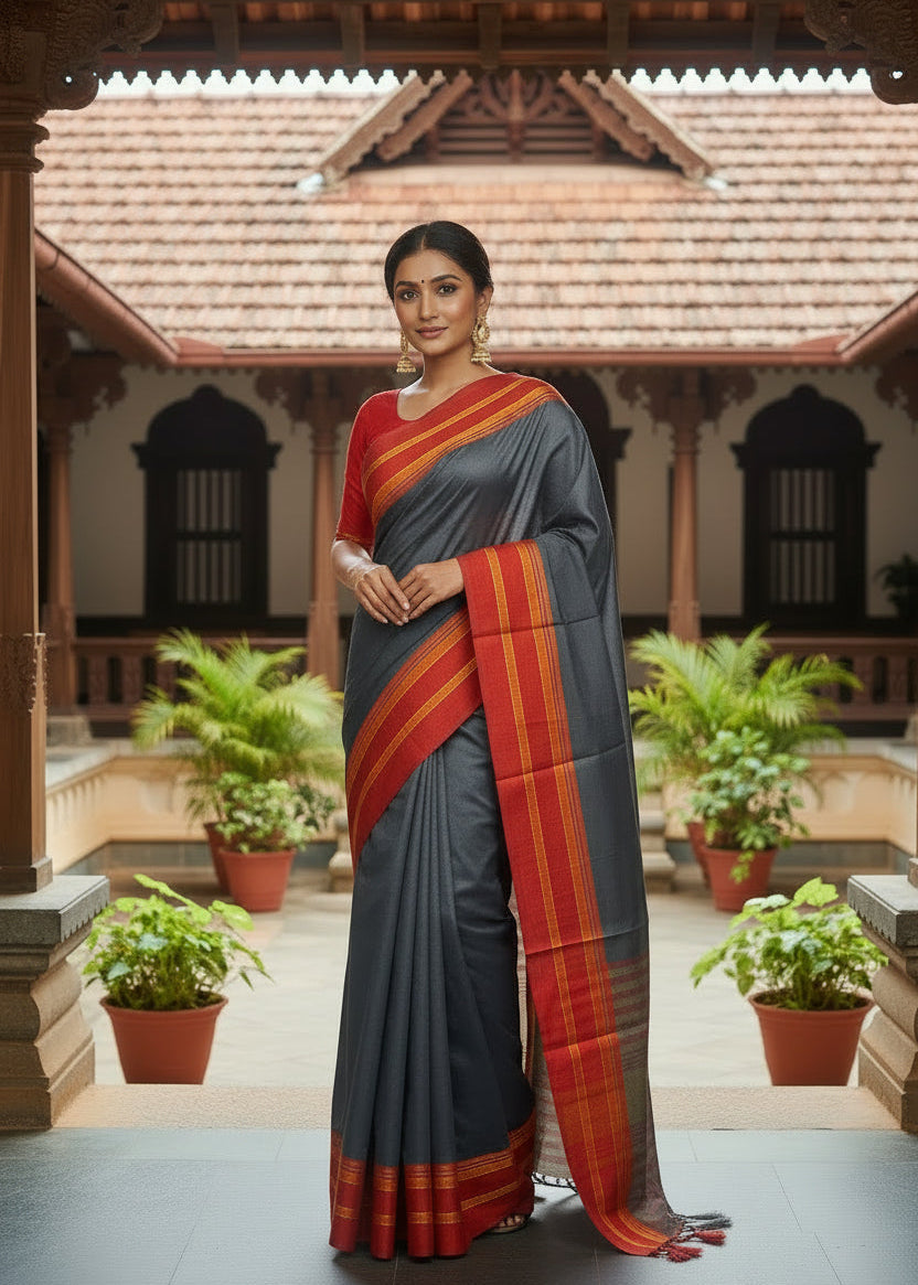 Southloom Gadwal Border Cotton Base Narayanpet Saree with in Grey and Red SL265