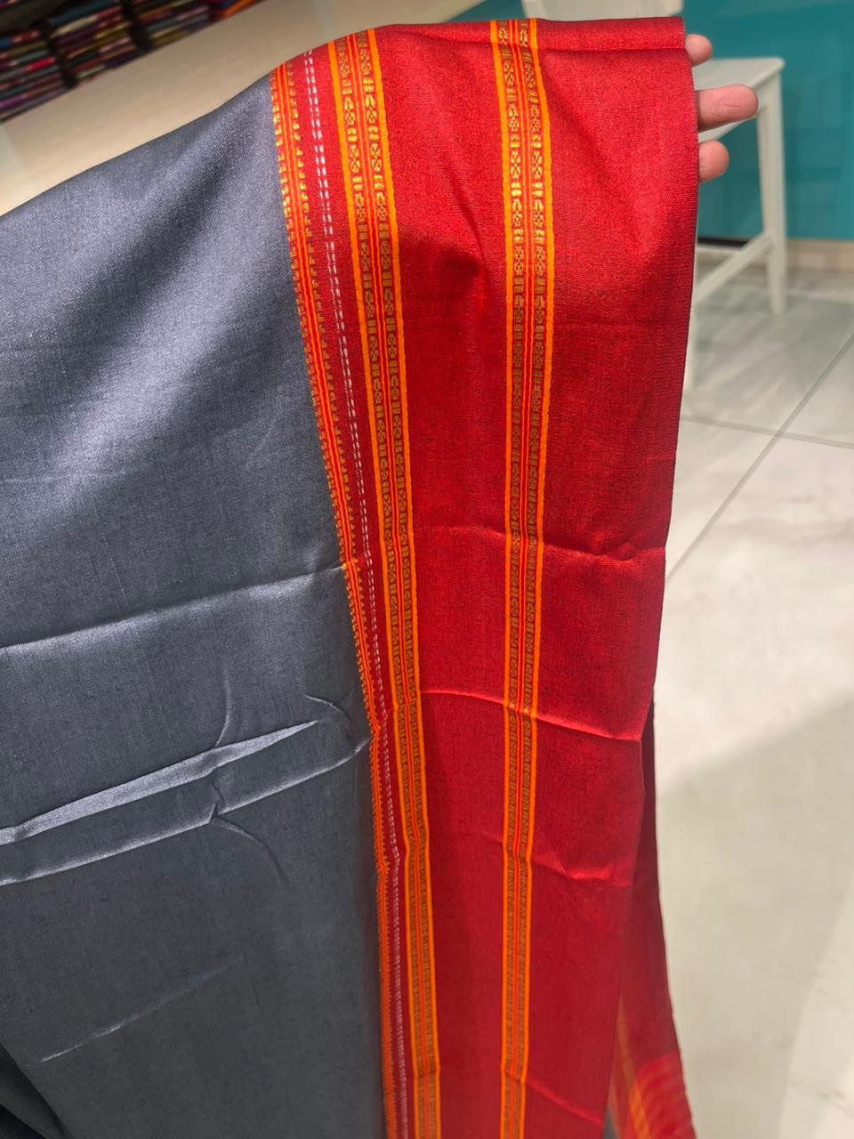 Southloom Gadwal Border Cotton Base Narayanpet Saree with in Grey and Red SL265