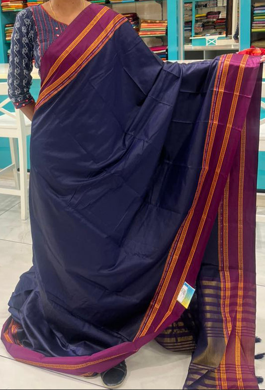 Southloom Gadwal Border Cotton Base Narayanpet Saree with in Blue and Purple SL265