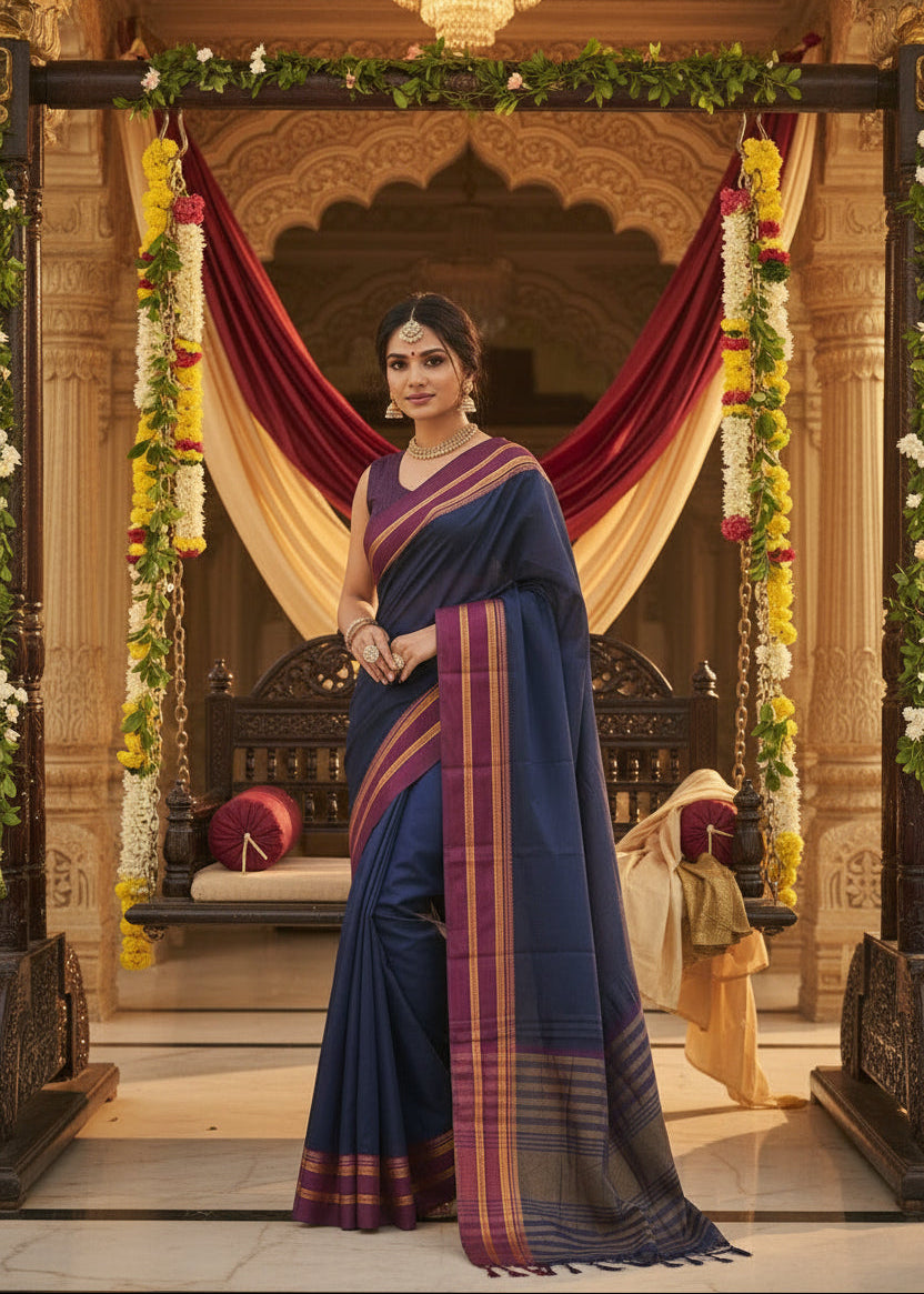 Southloom Gadwal Border Cotton Base Narayanpet Saree with in Blue and Purple SL265