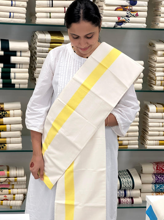 Southloom Pure Cotton Kerala Single Mulloth Set Mundu (Mundum Neriyathum) Yellow Border in 2.80 mtrs SL270