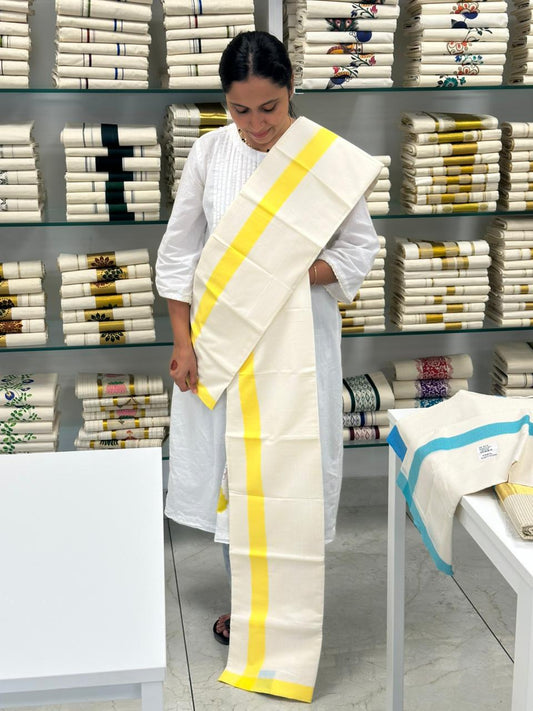 Southloom Pure Cotton Kerala Single Mulloth Set Mundu (Mundum Neriyathum) Yellow Border in 2.80 mtrs SL270