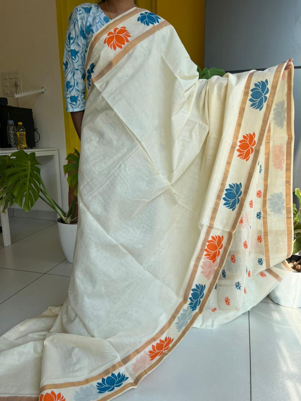 Kerala Cotton Saree with Blue and Orange Lotus Print SLlotus