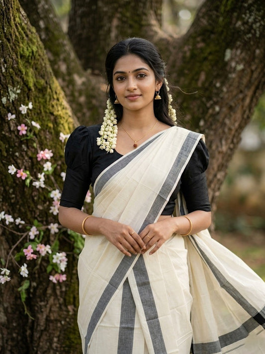 Southloom Pure Cotton Kerala Single Mulloth Set Mundu (Mundum Neriyathum) Black Border in 2.80 mtrs SL270