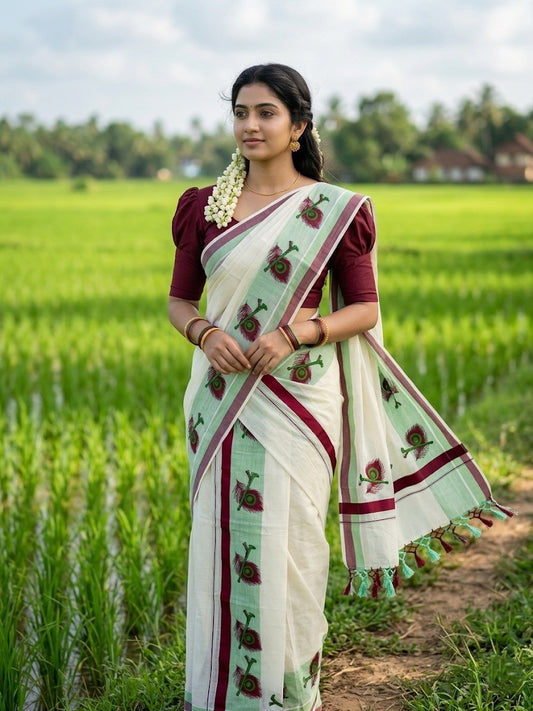 Southloom Cotton Single Set Mundu (Mundu Neriyathum) With Mural Print Green And Maroon Border Kasavu in 2.80 Mtrs With Tussles